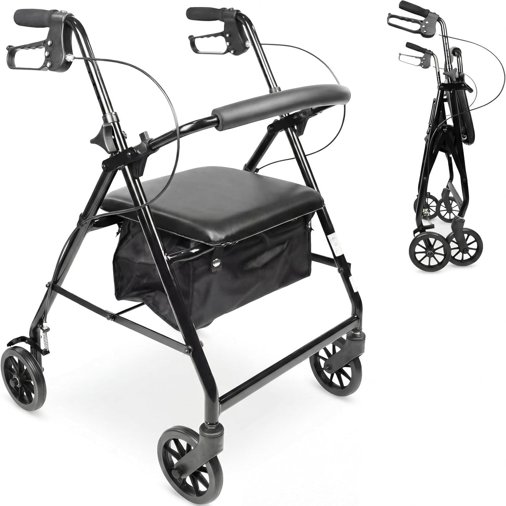 PEPE Mobility 4 Wheel Rollator Walker with Seat, Aluminum Rolling Walker, Height Adjustable, Folding System and Backrest with Brakes, 300 Pound Weight Capacity, Black