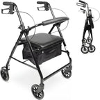 PEPE Mobility 4 Wheel Rollator Walker with Seat, Aluminum Rolling Walker, Height Adjustable, Folding System and Backrest with Brakes, 300 Pound Weight Capacity, Black