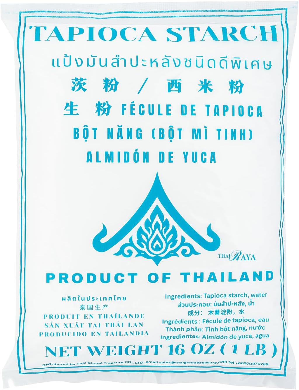 Thairaya Tapioca starch 16 oz (Basic), 1 LB Thailand All-Natural Gluten-Free Flour for Baking, Cooking, Frying & Asian Desserts – Vegan, Grain-Free, Smooth Texture – Product of Thailand (Pack of 1)