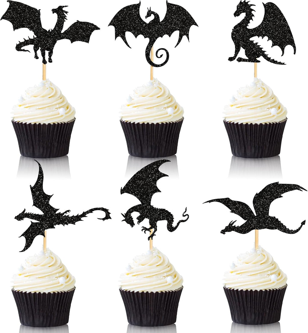 Gersoniel 36 Pieces Dragon Cupcake Toppers Black Glitter Cake Picks Cool Dinosaur Cupcake Topper for Dragon Themed Party Birthday Christmas Fantasy Themed Party Decoration, 6 Styles