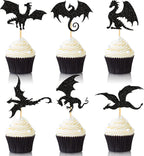 Gersoniel 36 Pieces Dragon Cupcake Toppers Black Glitter Cake Picks Cool Dinosaur Cupcake Topper for Dragon Themed Party Birthday Christmas Fantasy Themed Party Decoration, 6 Styles