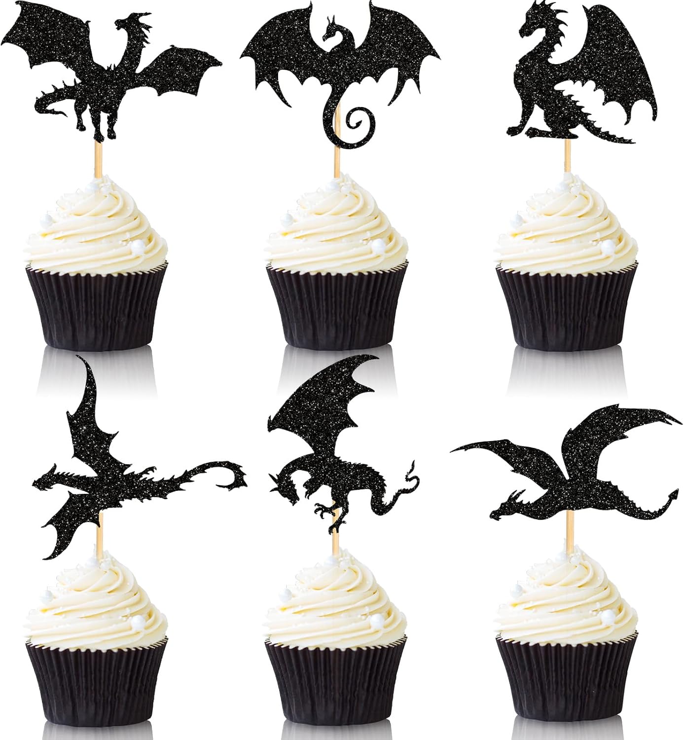 Gersoniel 36 Pieces Dragon Cupcake Toppers Black Glitter Cake Picks Cool Dinosaur Cupcake Topper for Dragon Themed Party Birthday Christmas Fantasy Themed Party Decoration, 6 Styles