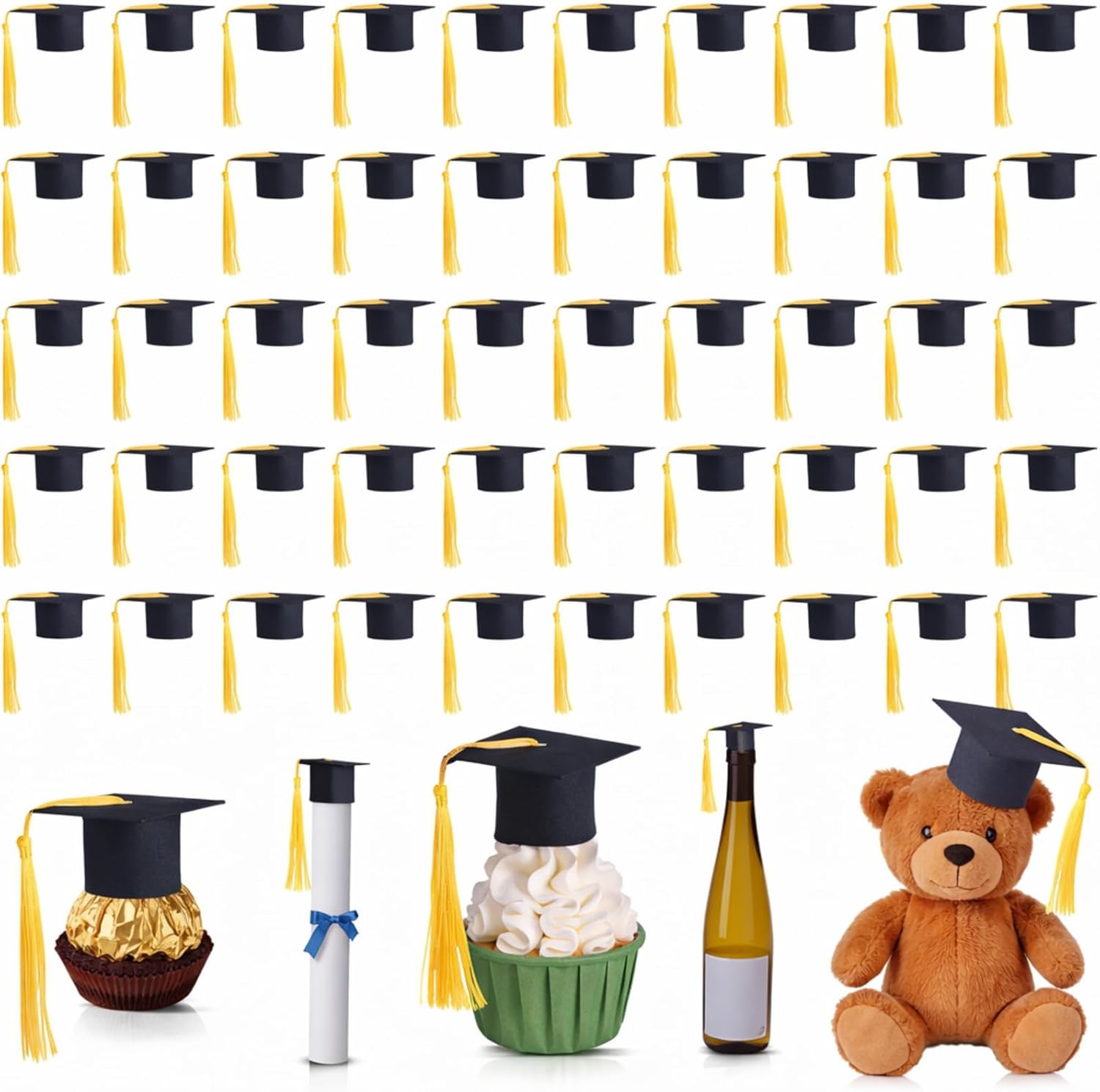 Frienda 50 Pcs Black Mini Felt Graduation Caps Bulk with Tassel Wine Bottle Lollipop Toppers Grad Cake Pops Cover Toppers Mini Grad Hat for 2026 Graduation Party Decorations Lollipop Favors Supplies