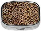 Cheetah Leopard Brown Print Square Metal Pill Box with 2 Compartment for Pocket or Purse Travel Bag Small Size 2.2 inche
