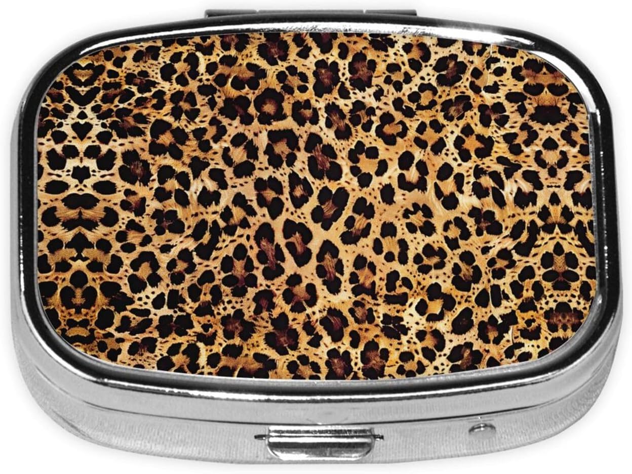 Cheetah Leopard Brown Print Square Metal Pill Box with 2 Compartment for Pocket or Purse Travel Bag Small Size 2.2 inche