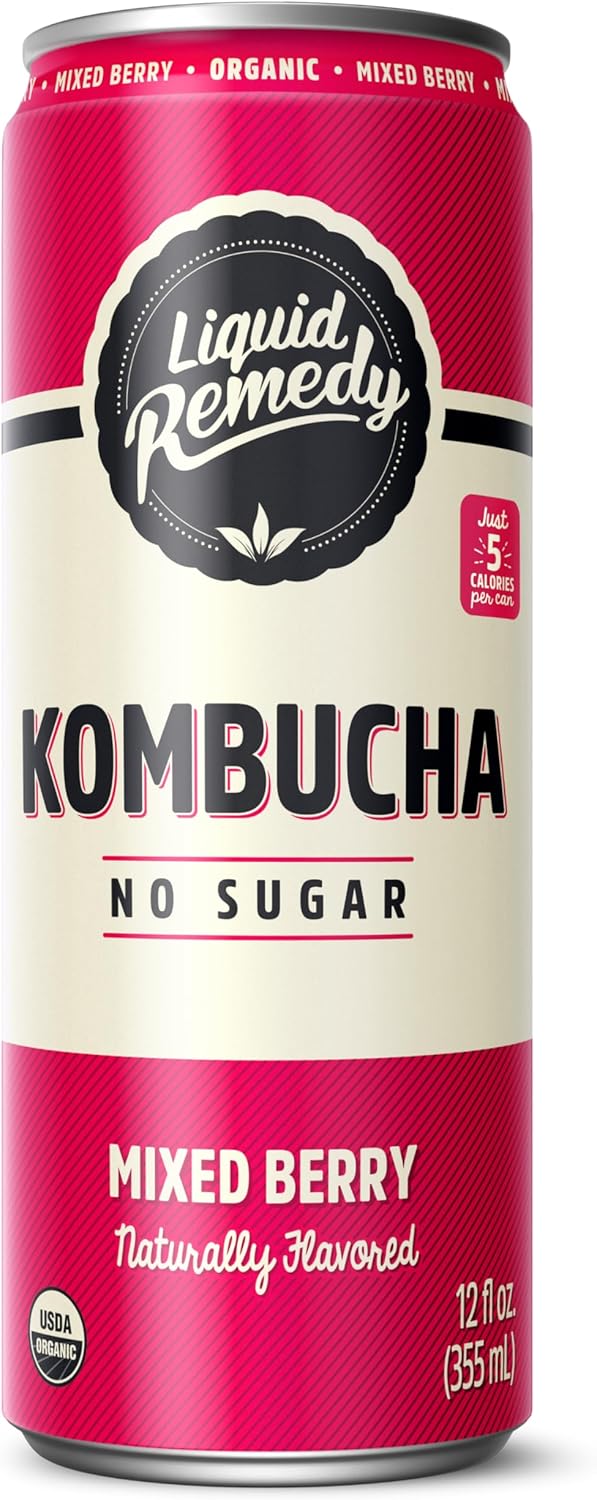 Liquid Remedy Kombucha Sugar Free Organic Drink, Low Calorie, Probiotic Like Tea for Gut Health - Mixed Berry - 12 Fl Oz Can