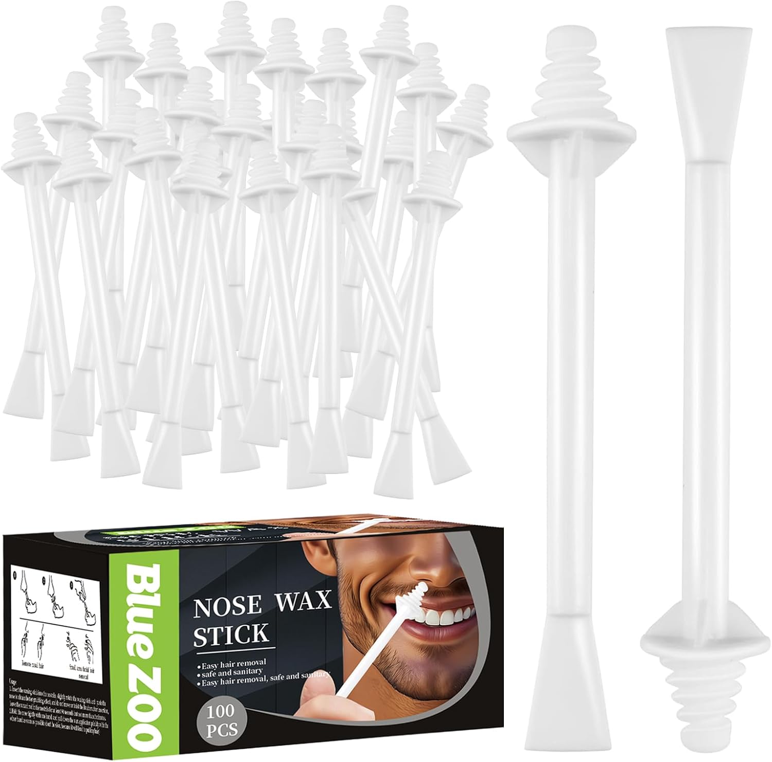 100Pcs Nose Wax Sticks Applicator with Disposable Spatulas for Nostril Cleaning Ear Face Eyebrow Mustache Hair Removal for Men Women, Painless, with Delicate Packing Box for Gift, BlueZOO