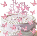 13PCS Butterfly Cake Toppers, 3D Pink Glitter Butterfly Cake Decorations for Wedding, Anniversary, Baby Shower, Birthday Party
