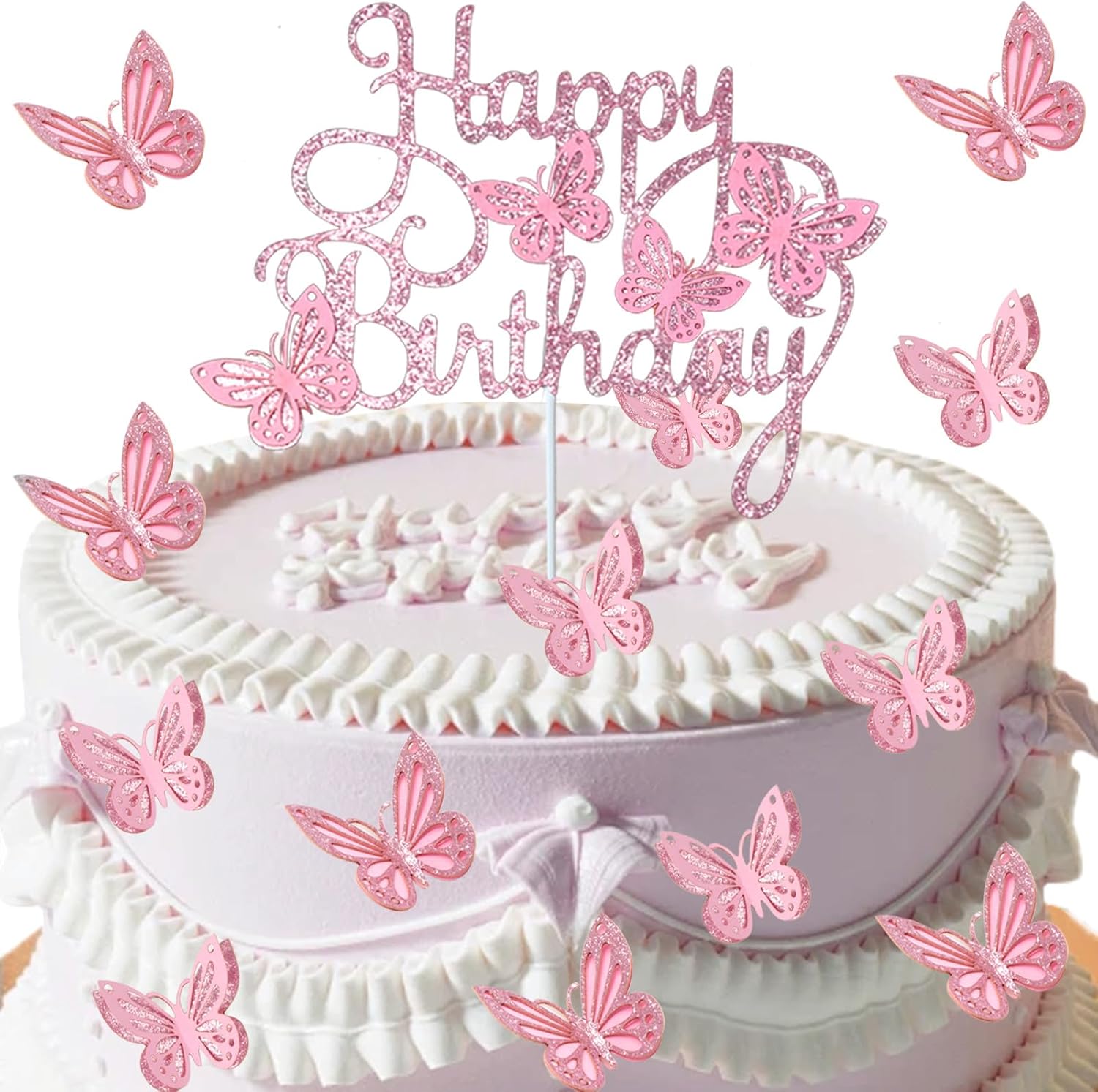 13PCS Butterfly Cake Toppers, 3D Pink Glitter Butterfly Cake Decorations for Wedding, Anniversary, Baby Shower, Birthday Party