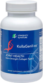 Longevity by Nature Extra Strength KollaGen II-XS- Collagen Type II with Hyaluronic Acid, Chondroitin, and Glucosamine – Joint Support, 120 Capsules.