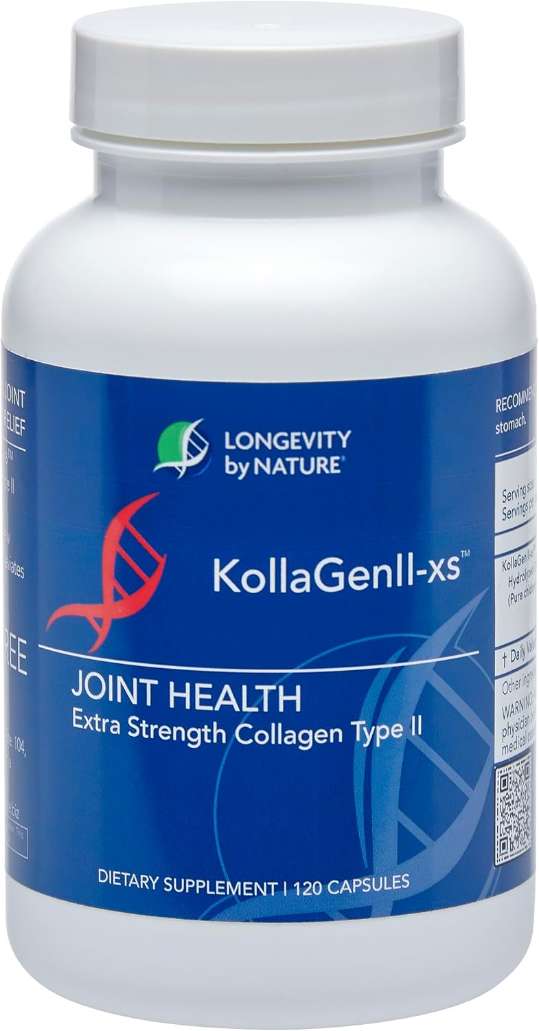 Longevity by Nature Extra Strength KollaGen II-XS- Collagen Type II with Hyaluronic Acid, Chondroitin, and Glucosamine – Joint Support, 120 Capsules.