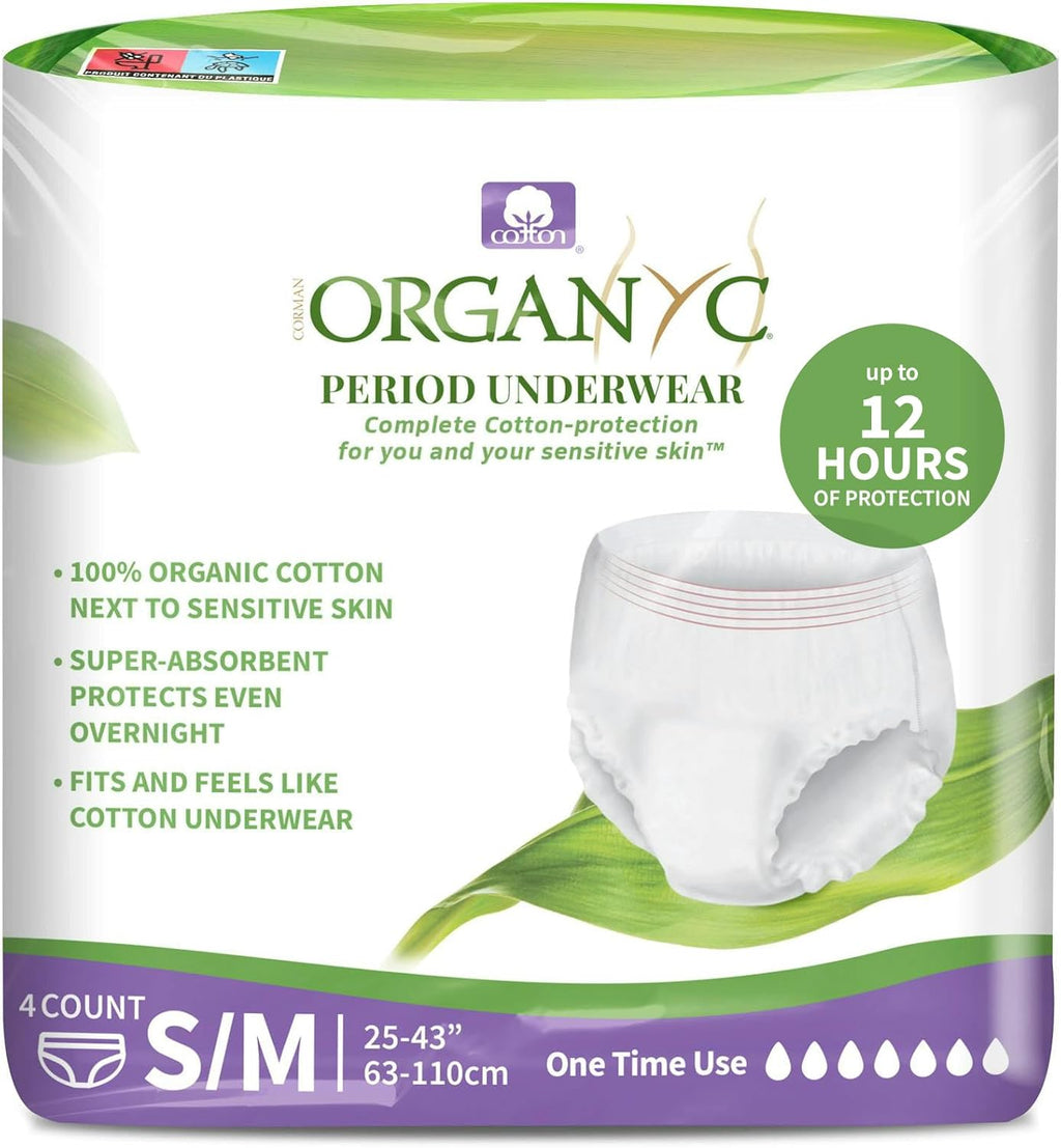 Organyc - Certified Organic Cotton Disposable Period Underwear for Sensitive Skin, Super Absorbent for Women, All-Day or Overnight, S/M, 4 Count