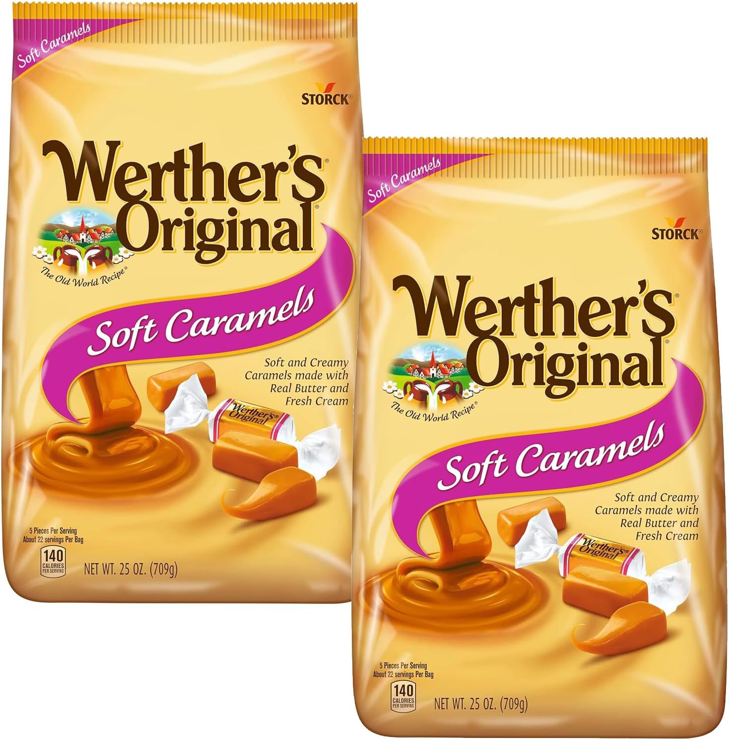 Werthers Soft Caramel, Original Caramel Cream 25 Ounce Bags (Pack of 2) - Individually Wrapped Werther Chewy Caramels - The Hampton Popcorn & Candy Company