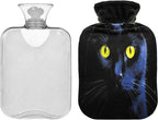 YETTASBIN Black Cat Hot Water Bottle, 2L Transparent Leakproof Hot Water Bag Washable Heat Resistant Water Bottle with Soft Plush Cover for Menstrual Cramps Neck and Shoulder Pain Relief