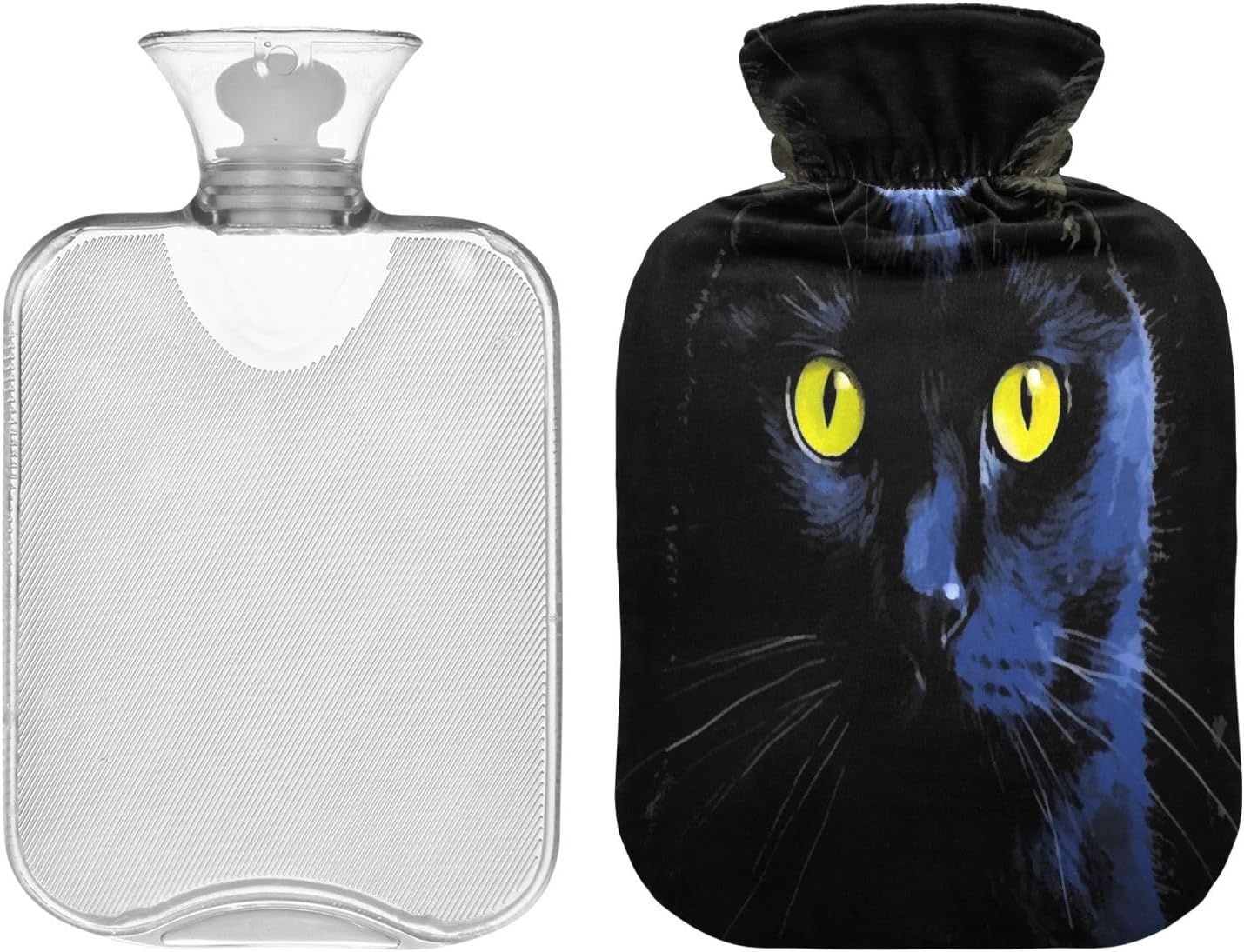 YETTASBIN Black Cat Hot Water Bottle, 2L Transparent Leakproof Hot Water Bag Washable Heat Resistant Water Bottle with Soft Plush Cover for Menstrual Cramps Neck and Shoulder Pain Relief