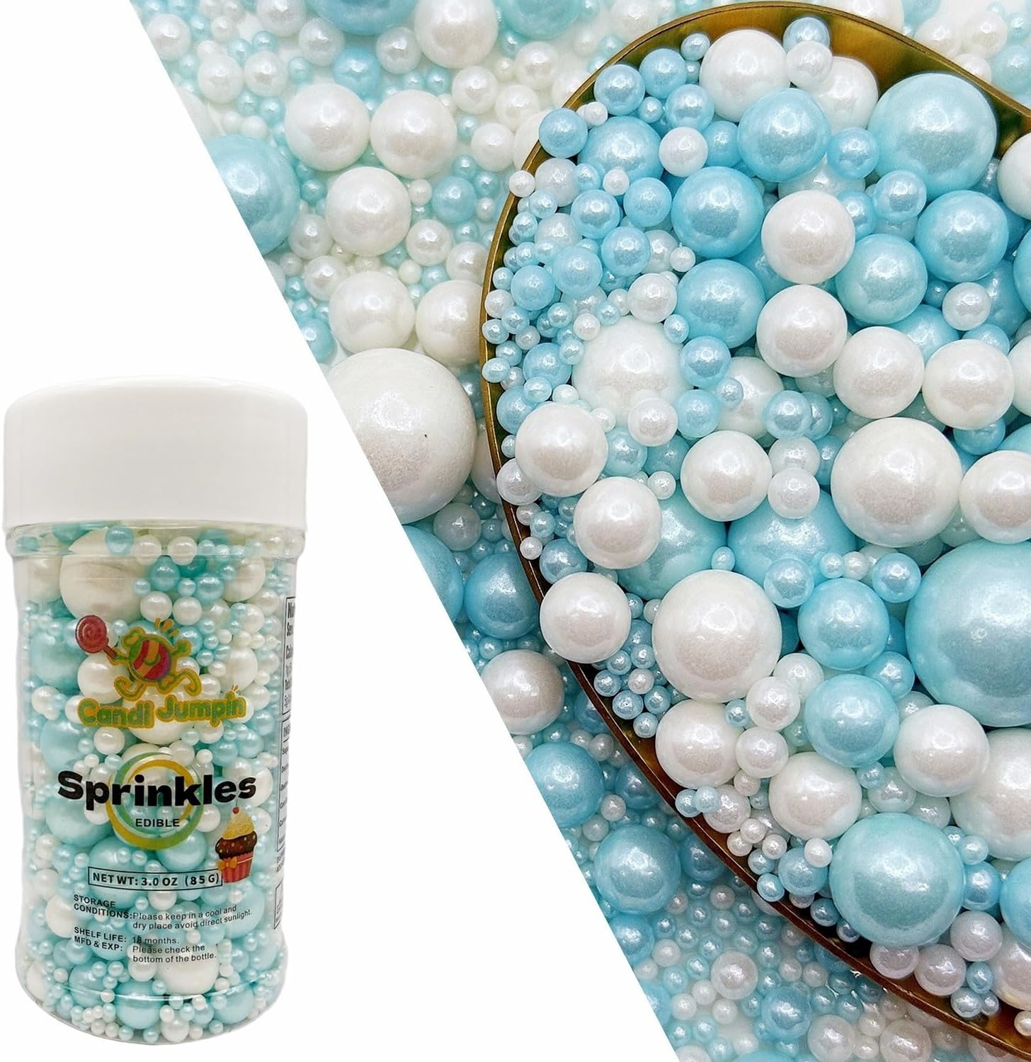 CandiJumpin Edible Pearls for Cake Decorating, Light Blue and White Pearl Sprinkles Baby Blue Sugar Pearls Edible Cake Decorations White Pearl Sugar Sprinkles Cupcake Toppers Baby Shower Party Birthday Wedding Christmas Supplies 3 OZ
