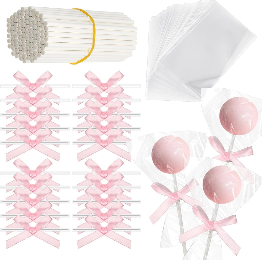 Honoson 50 Sets Cake Pop Sticks and Wrappers Kit with Clear Cake Pop Bags, 6 Inch Paper Lollipop Sticks and Bows for Cakepops, Candy and Chocolate, Mother's Day, Wedding and Party Favors (Pink)
