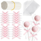Honoson 50 Sets Cake Pop Sticks and Wrappers Kit with Clear Cake Pop Bags, 6 Inch Paper Lollipop Sticks and Bows for Cakepops, Candy and Chocolate, Mother's Day, Wedding and Party Favors (Pink)