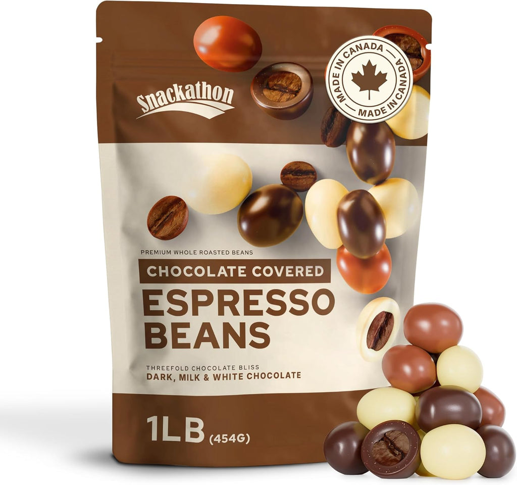 Snackathon Chocolate Covered Espresso Beans, Trio Blend (Dark, Milk & White), 1 Pound Bulk Resealable Bag, Gourmet Snack for Coffee Lovers