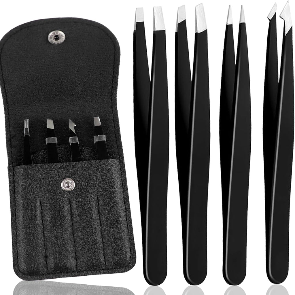 4Pcs Eyebrow Tweezers Set,Tweezers for Women Facial Hair Professional Stainless Steel Tweezers Precision Tweezers Set,Suitable for Removing Inward Growing Hair Eyebrows and Facial Hair(black)