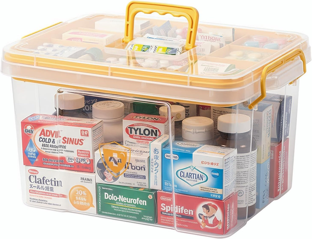 Pulseplay Clear Medicine Storage Box with Handle Portable Medicine Cabinet Organizer Multipurpose Plastic Storage Box with Removeable Tray for Home Office Travel Outdoor (Yellow)