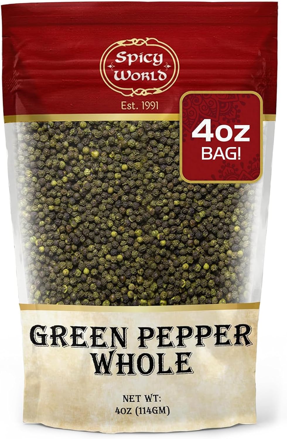 Spicy World Whole Green Peppercorns 4 Oz Bag - Steam Sterilized & All Natural