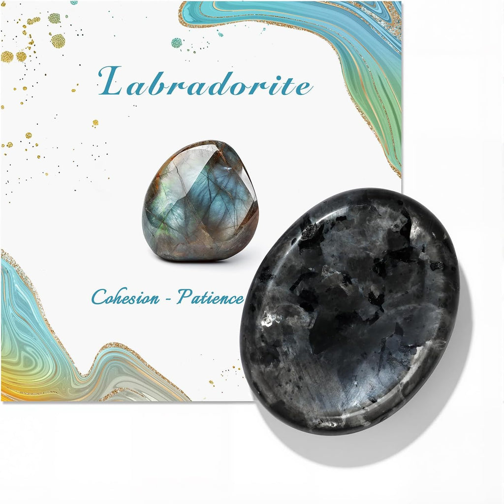 Labradorite Thumb Worry Stone for Anxiety Healing Crystals Sets, Hand Carved Crystals and Healing Stones, Meditation Crystal Reiki Natural Relax Palm Stone for Anxiety Therapy Relief