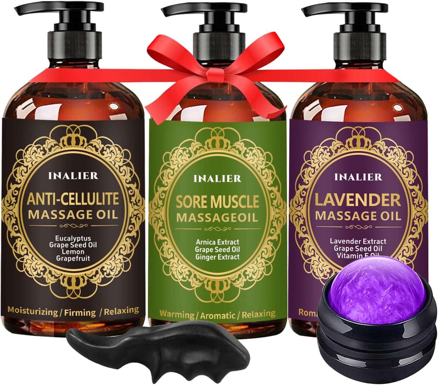 Mothers Day Gifts for Wife,Massage Oil for Massage Therapy,3 Pack Cellulite Massage Oil,Sore Muscle Arnica Oil & Lavender Massage Body Oil with Massage Ball & Thumb Saver Tool,Fathers Day Gift
