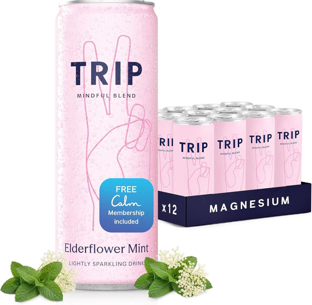 TRIP Lightly Sparkling Adaptogen Drink, Non Alcoholic Drink with Magnesium, Ashwagandha, Lions Mane & L Theanine, No Added Sugar Mocktail, Vegan, Elderflower Mint, 12 Oz, 12Pk
