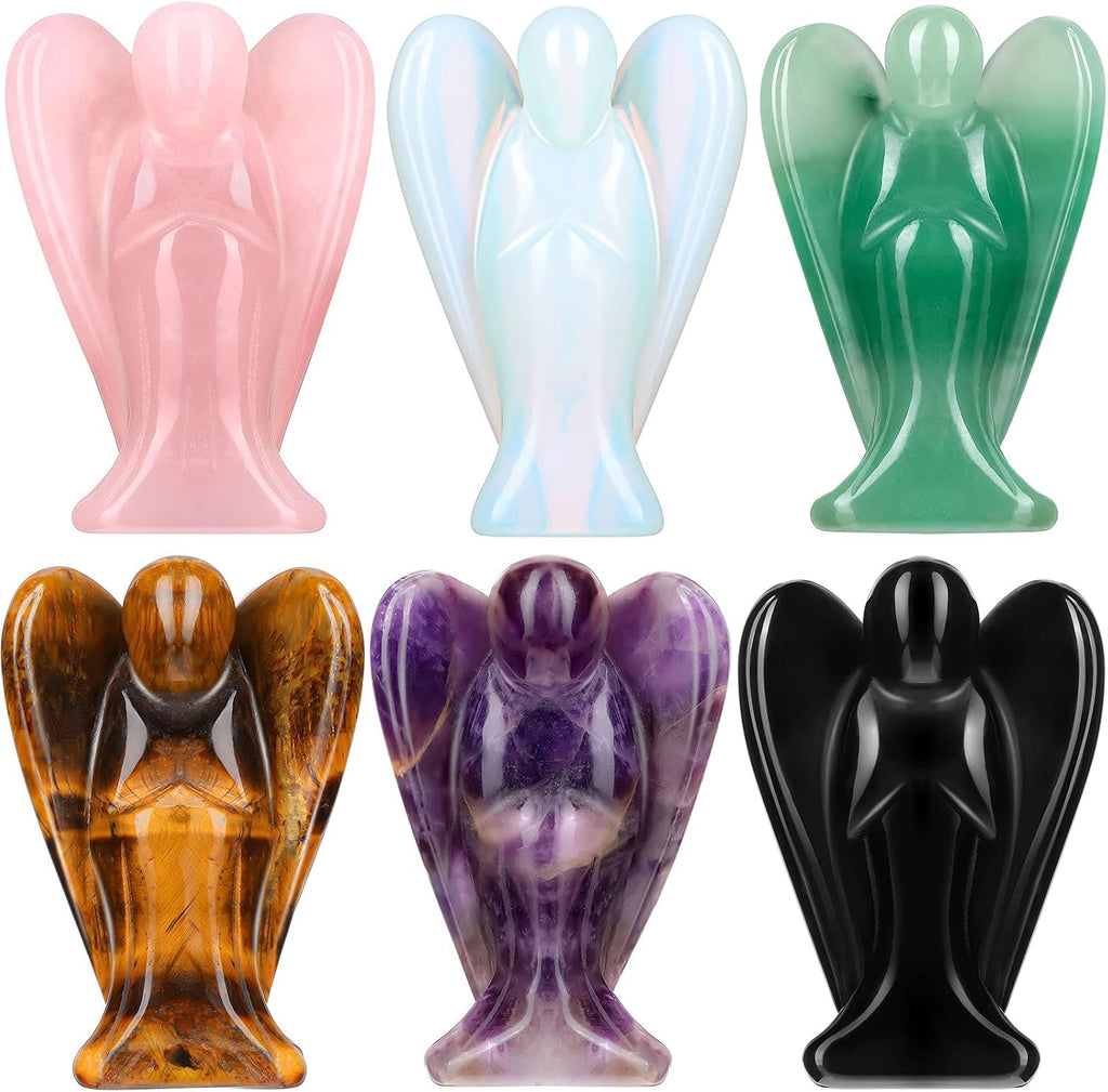 Hicarer 6 Pcs Small Crystal Angel Figurines Mini Guardian Statue Natural Gemstone Carved Pocket Crystal Figurines Stones Decor Gift Love Peace Healing(1.5 Inch,Bright Color)