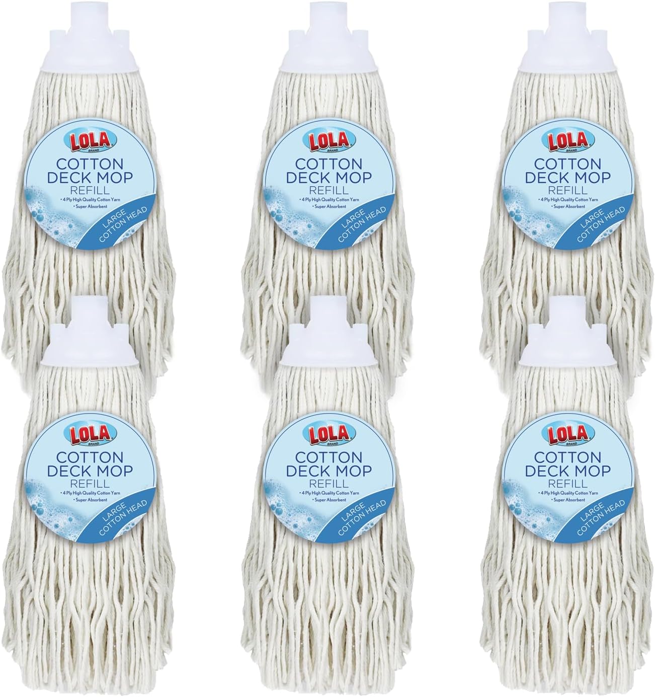 LOLA Refill for Cotton Floor Wet String Mop, 6 Pack, Absorbs up to 3X its Weight in Water, Heavy Duty & Super Absorbent for Floor Cleaning