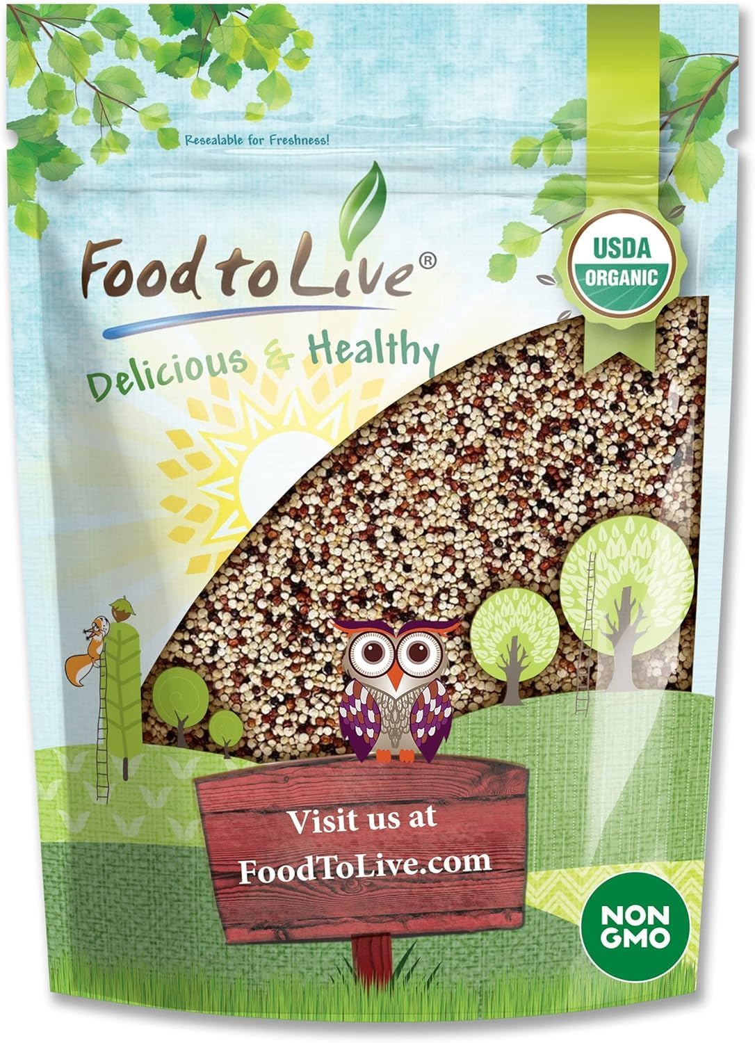 Food to Live Organic Tri-Color Quinoa, 4 Pounds — Non-GMO, Blend of White, Black, and Red Quinoa, Whole Grain, Raw Seeds, Non-Irradiated, Kosher, Vegan, Sproutable, Sirtfood, Bulk, Rice Replacement.