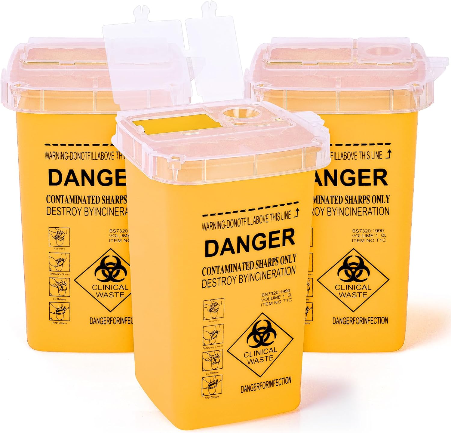Yellow 1 Quart (3-Pack) Sharps Container for Home Use, Needle Disposal Containers, Biohazard Containers, Syringe Disposal, Small Portable Container for Travel, Professional Sharp Waste Disposal
