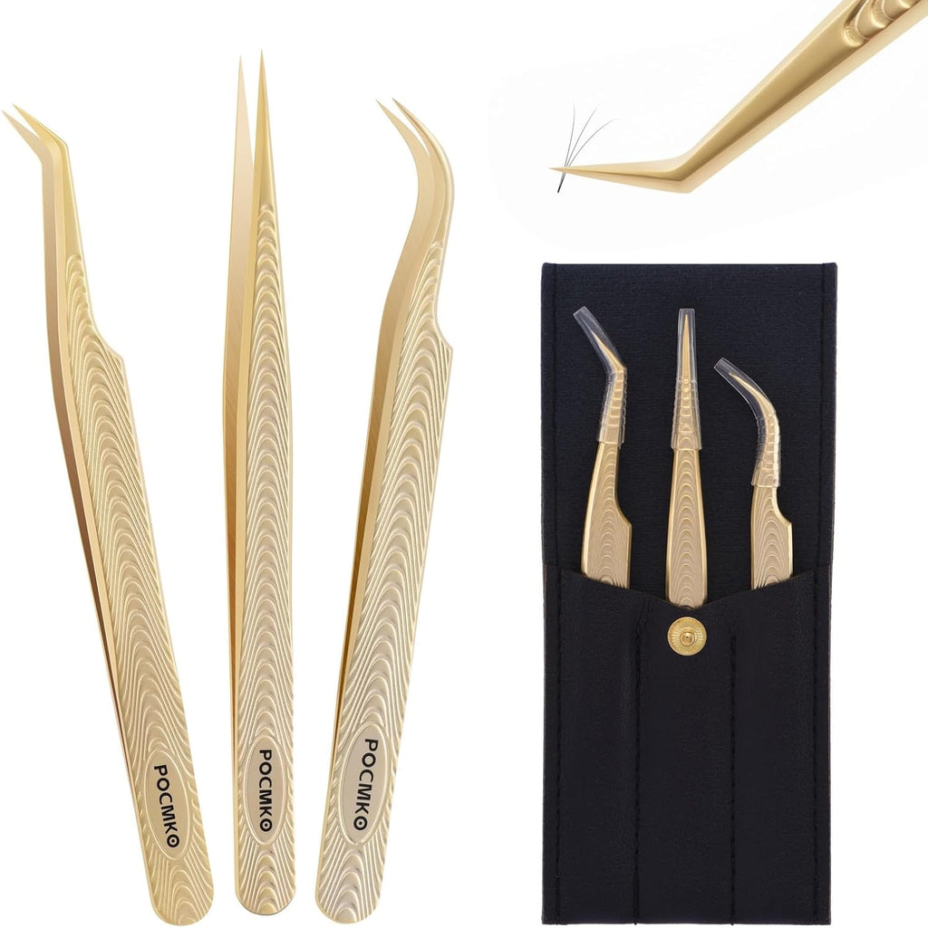 Eyelash Tweezers for Lash Extension Supplies, High Precision Lash Tweezer Set– Pack of 3 Lash Extension Tweezers Kit for Individual and Volume Eyelash Extensions