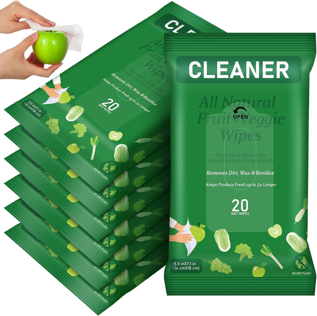 7 Pack Fruit Veggie Wipes Total 140 Count Fruit & Vegetable Wash Removes for Removing Pesticides Wax Dirt Portable Safe Vegetable Cleaning Wipes for Home Travel Use(Minimalist)