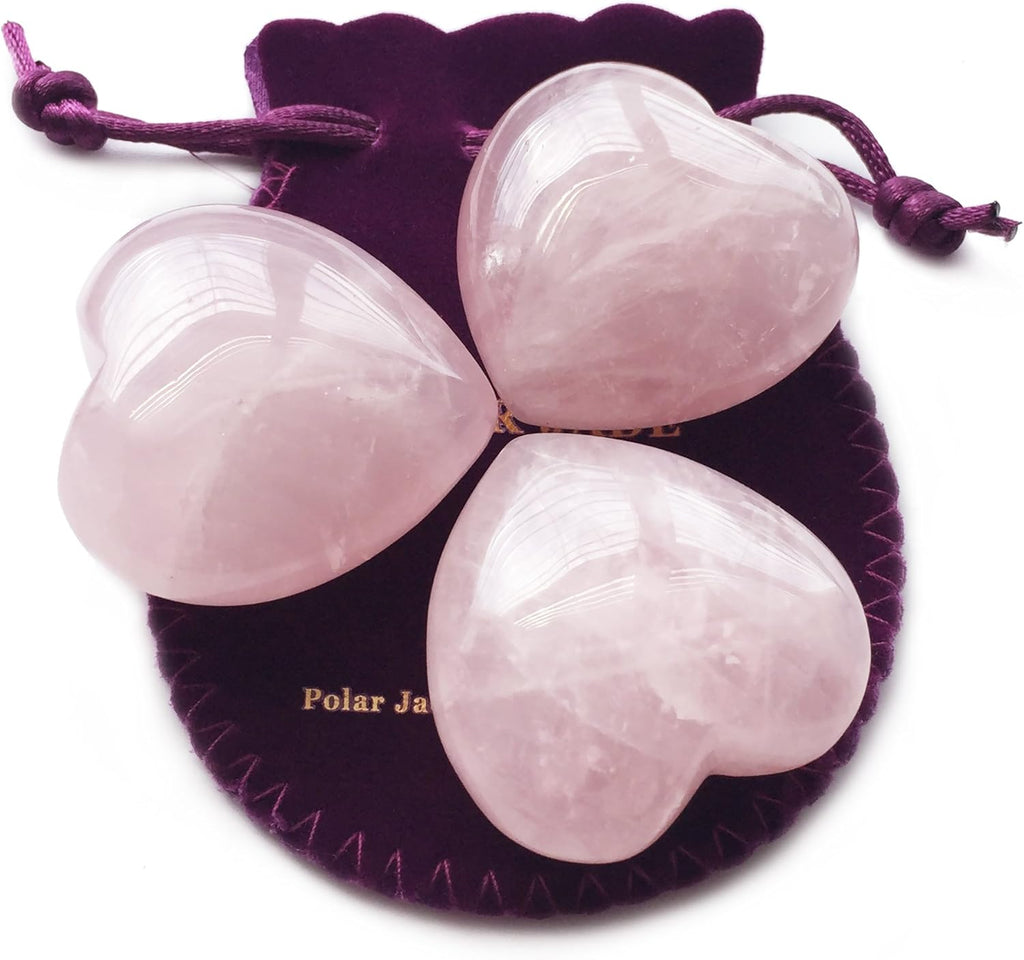 Polar Jade Set of 3 Hand-Carved Natural Rose Quartz Puffy Hearts – Healing Stones for Chakra Energy, Meditation, Massage, and Elegant Decoration