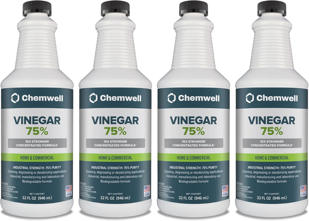 75% Vinegar 1 Gallon (4 Pack, 32 fl oz) - General Purpose All-Natural Multi-Surface Cleaner for Home, Patio & Commercial - High Performance, Powerful Concentrated Acetic Acid - Made in USA