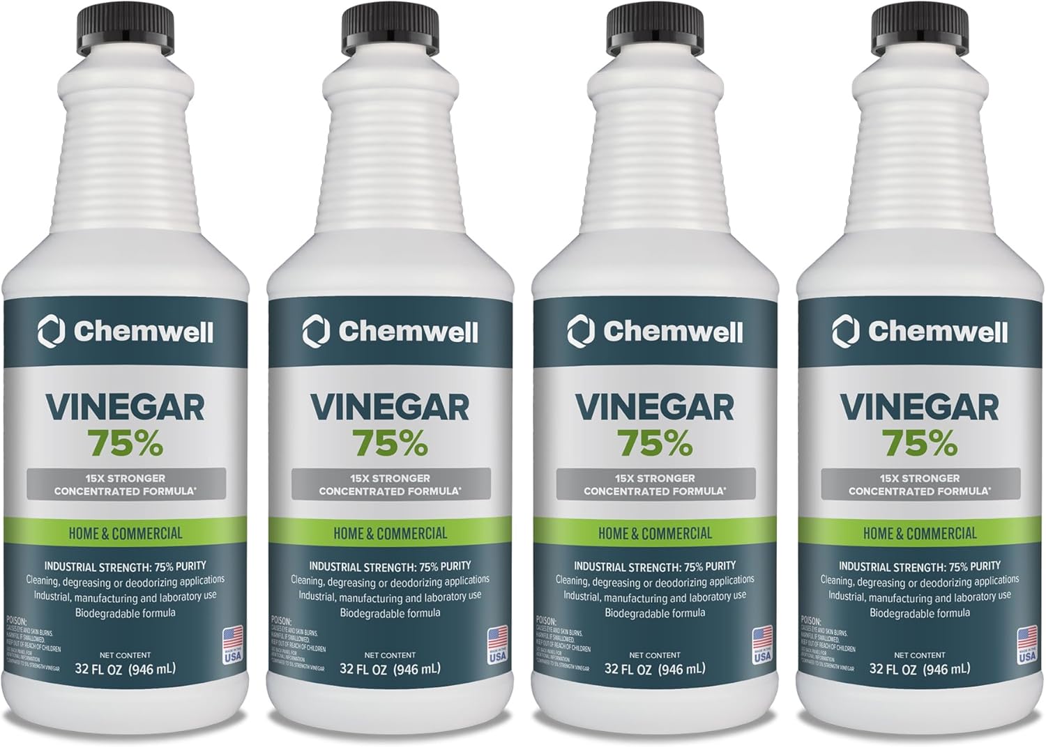 75% Vinegar 1 Gallon (4 Pack, 32 fl oz) - General Purpose All-Natural Multi-Surface Cleaner for Home, Patio & Commercial - High Performance, Powerful Concentrated Acetic Acid - Made in USA