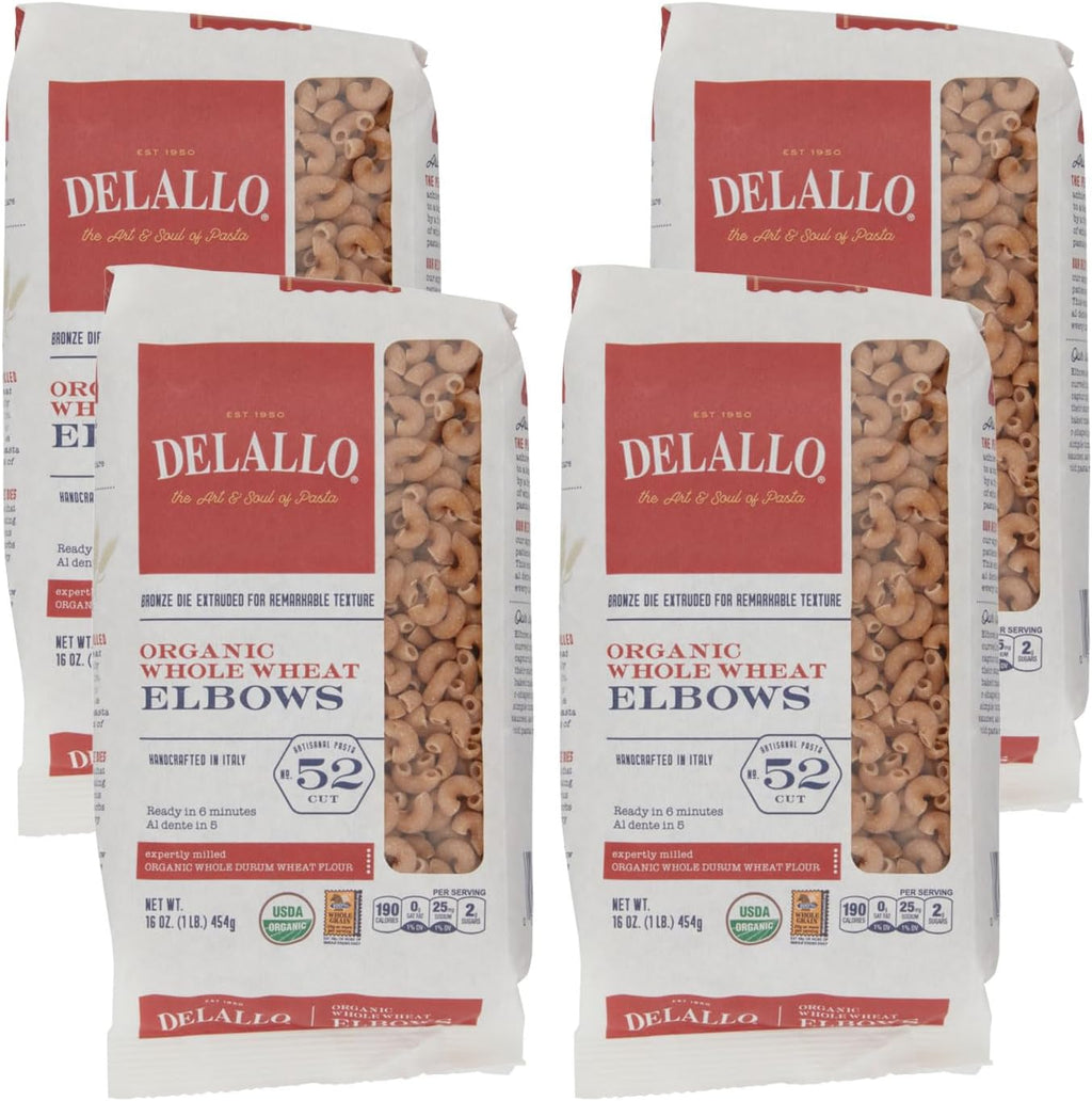 DeLallo Whole Wheat Elbow Macaroni Pasta, 1 Pound Bag, 4 Pack, 100% Organic, Made in Italy, High Protein