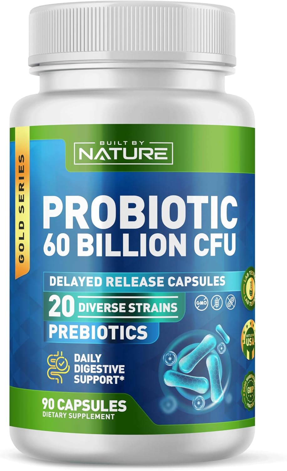 Built by Nature Probiotic 60 Billion CFU – 20 Strains + Prebiotics – Immune & Digestive Support – for Women & Men – Delayed Release Capsules, Shelf Stable – 3 Month Supply - 90 Capsules
