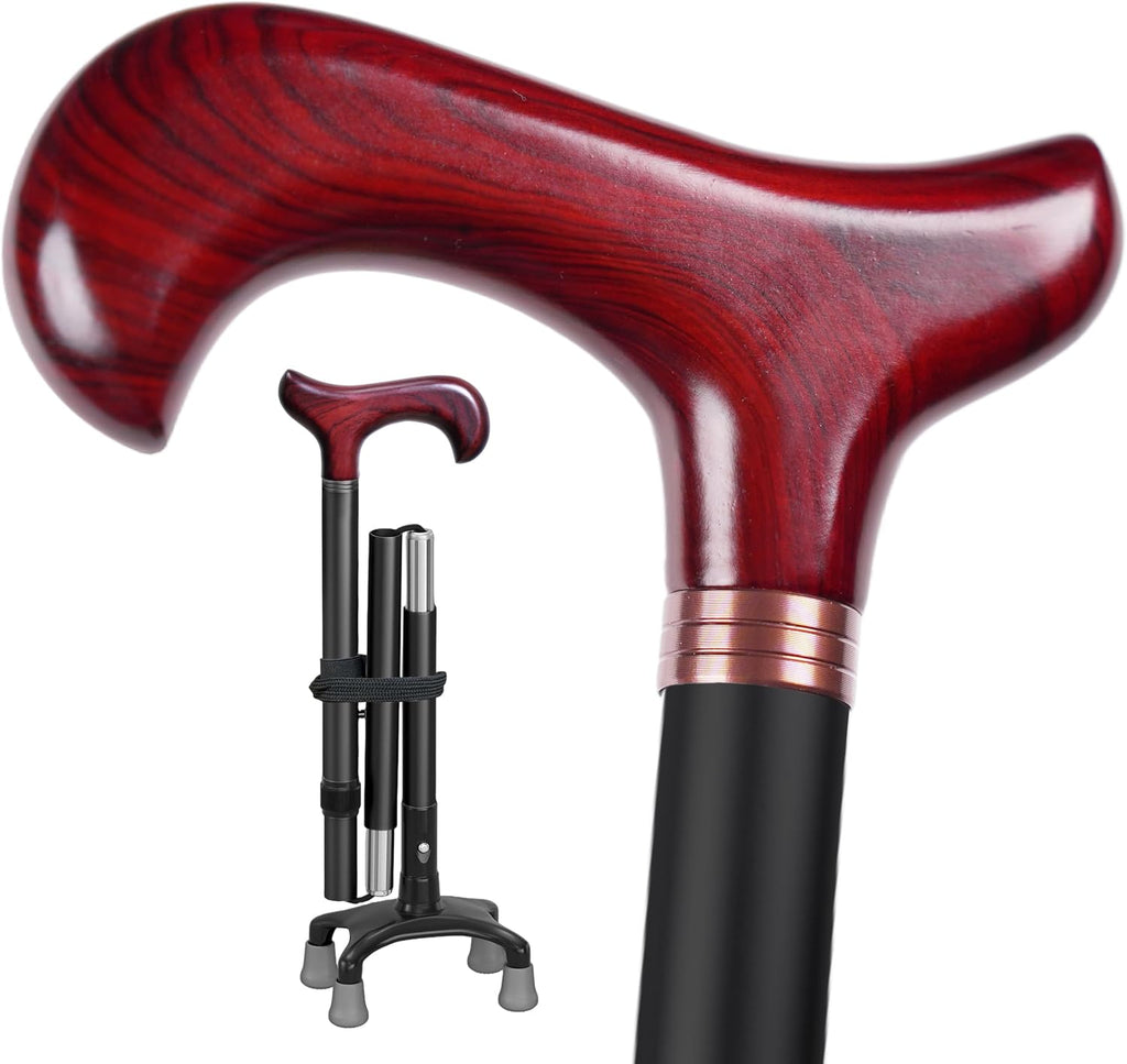 Adjustable Folding Wood Walking Cane — Hardwood Handle, Lightweight Aluminum Shaft, Non-Slip 4-Pronged Base, Canes for Men & Women - Walking Sticks for Seniors