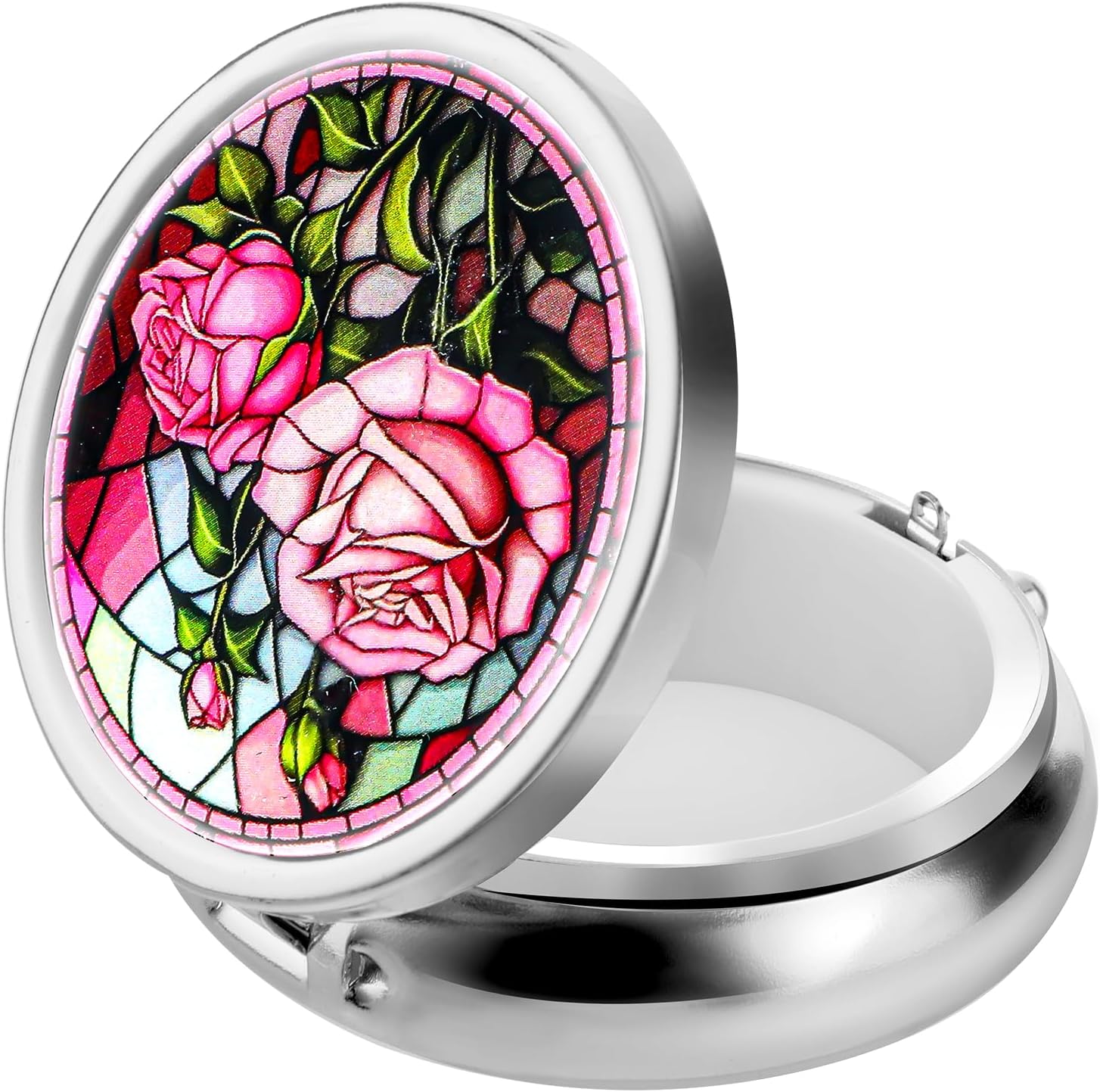 WLLHYF Pill Box Cute Small Pill Box for Purse & Pocket Medicine Organizer Travel Pillbox Waterproof Pill Case Metal Pill Container Holder for Vitamins, Fish Oil, Supplements (Silver Peony)