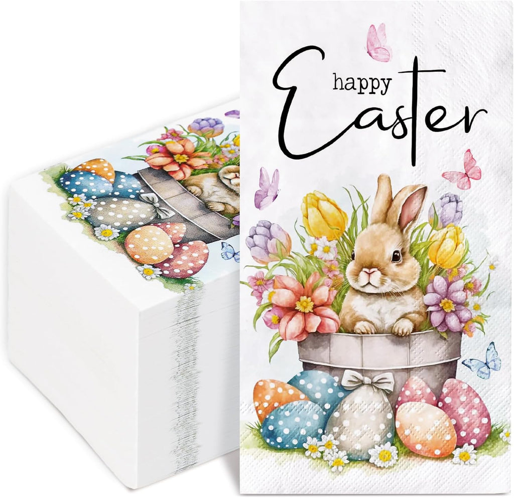 50 Sheet Happy Easter Guest Napkins Bunny Rabbit Flower Eggs Disposable Decorative Hand Paper Napkin Towel for Bathroom Party Supplies Table Decor