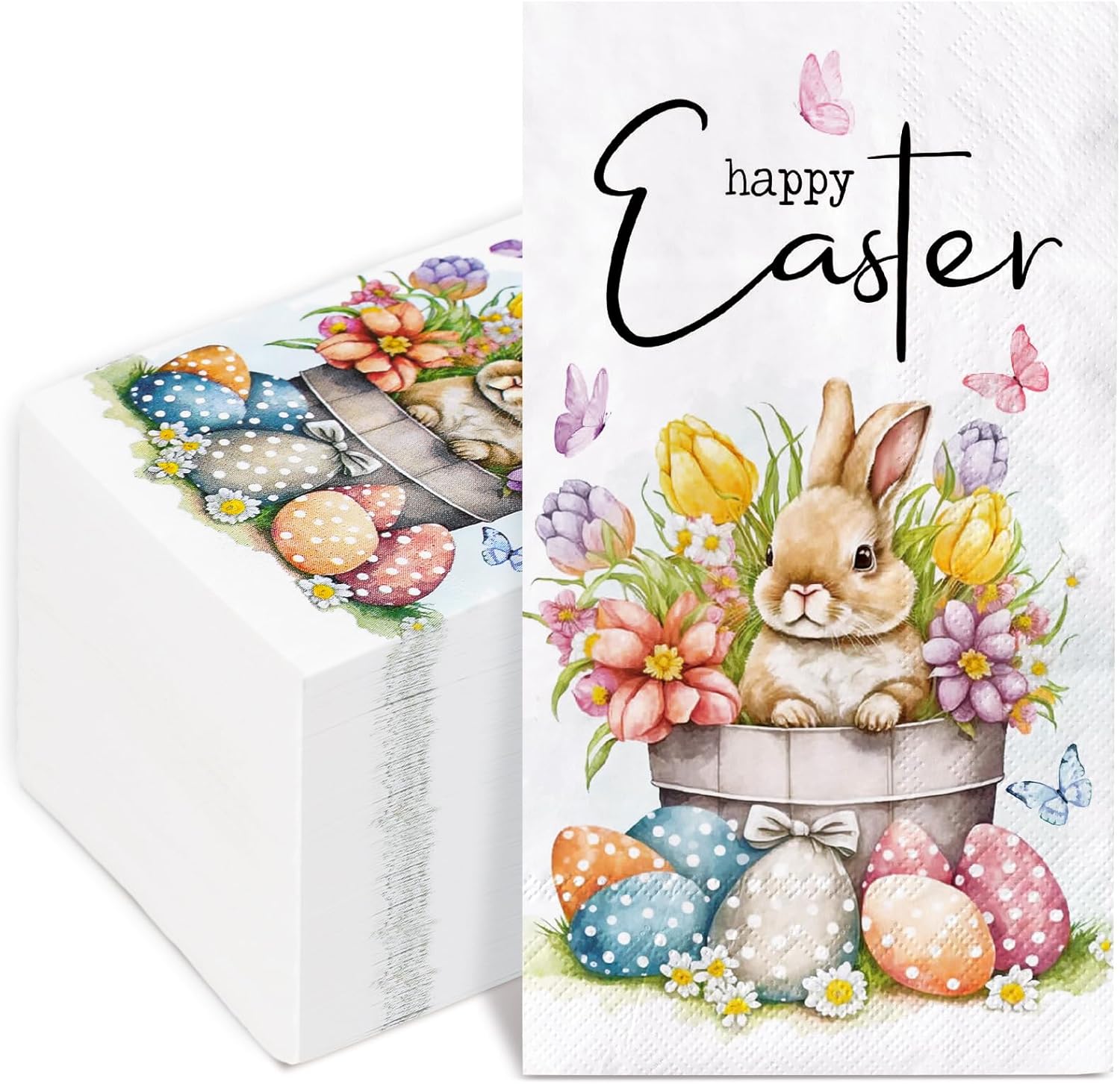 50 Sheet Happy Easter Guest Napkins Bunny Rabbit Flower Eggs Disposable Decorative Hand Paper Napkin Towel for Bathroom Party Supplies Table Decor