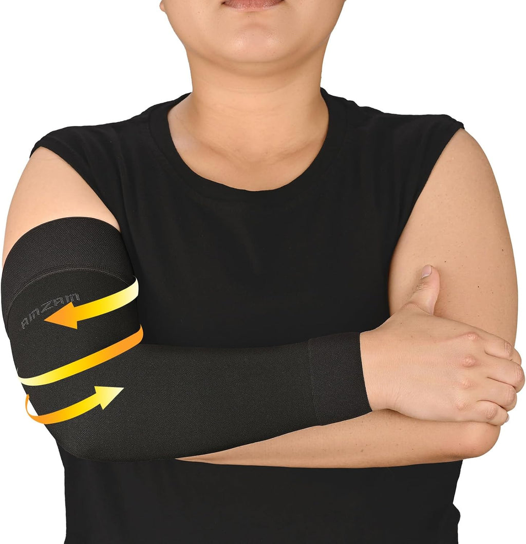 AMZAM® Medical Compression Arm Sleeve for Women & Men, 20-30 mmHg Graduated Compression Brace with Silicone Band for Pain Relief, Lymphedema, Edema, Swelling, Arthritis, Black L