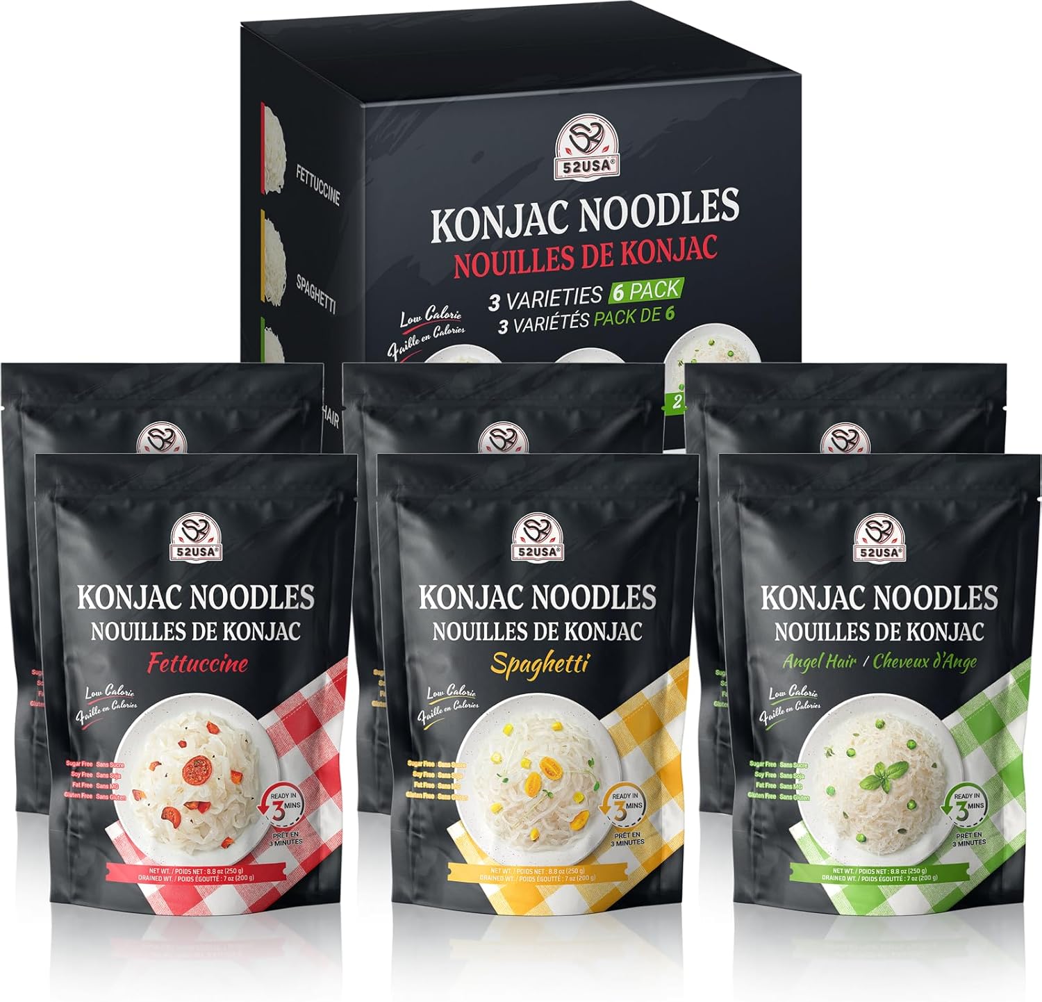 52USA Konjac Shirataki Noodle, Low Carb Pasta 52.8 Oz (1500 g), Keto and Paleo Friendly, Low Calorie, Sugar Free, Vegan, Ready to Eat, Gluten Free, Angel Hair, Fettuccine, Spaghetti Noodles (3 Variety - 6 Pack Inside)