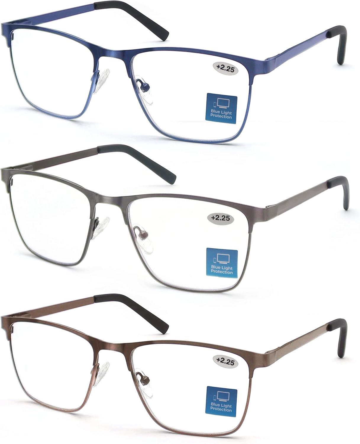 MODFANS Men Reading Glasses Blue Light Blocking Glasses Metal Square Readers Stainless Steel Material Anti Eyestrain/Glare/UV