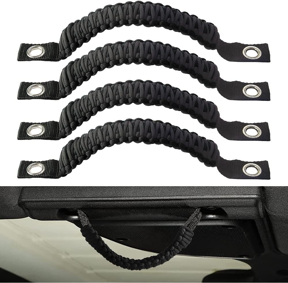 4 x Paracord Grab Handles Compatible with Wrangler JK JKU JL JLU JT Accessories Universal Roll Bar Grab Handles Replacement for Wrangler Grip Handle (Black)