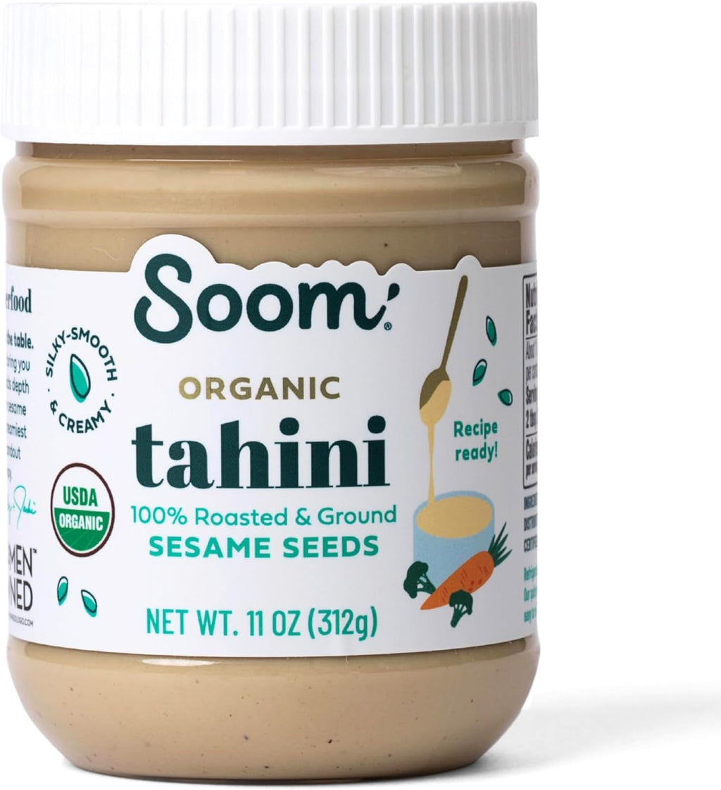 Soom Foods Organic Tahini 11oz (1 Pack) | Roasted & Ground Sesame Seed Paste | Creamy Tahini for Dubai Chocolate, Hummus, Sauces | Vegan, Nut-Free, Gluten-Free, Kosher, Keto, Paleo, Whole30