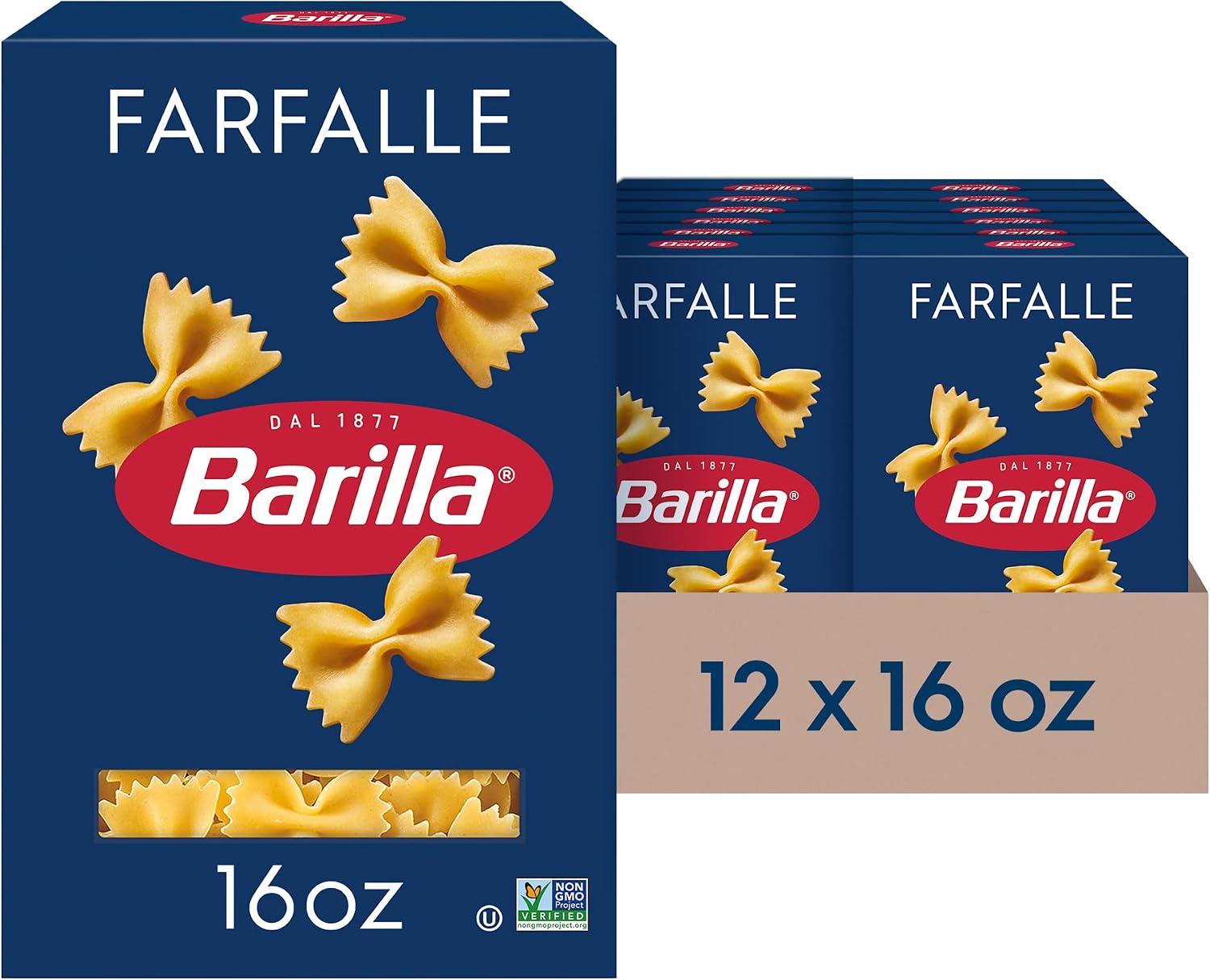 Barilla Farfalle Pasta, 16 oz. Box (Pack of 12) - Non-GMO, Made with Durum Wheat Semolina - Kosher Certified